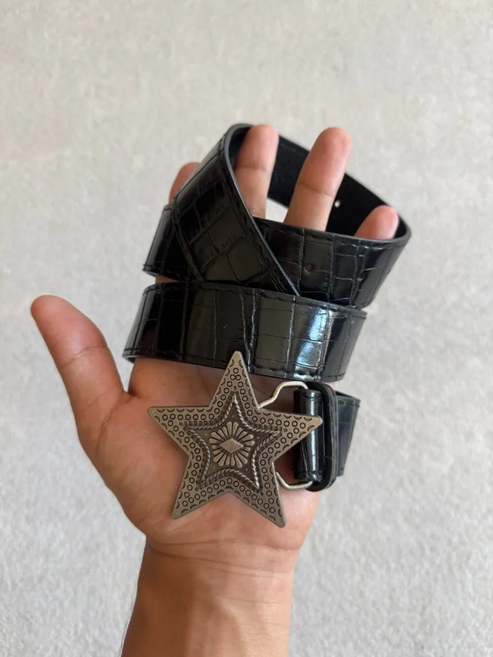 Black Croc Embossed Star Buckle Belt
